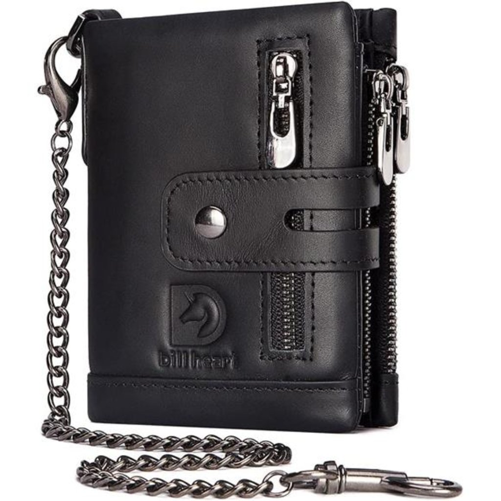 Mens Wallet With Chain Genuine Leather Purse Rfid Blocking Bifold Double Zipper